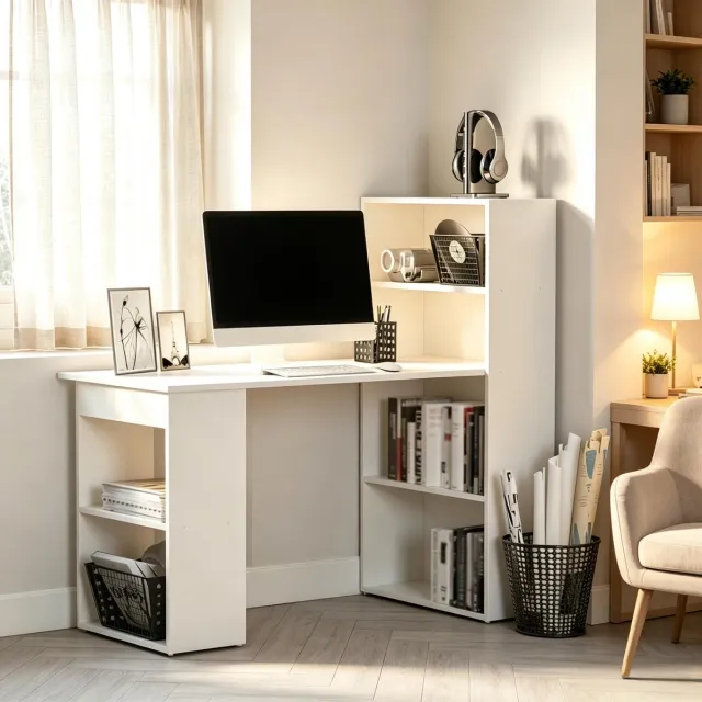 Zubaliya Bureau - met opbergruimte - wit - afmetingen 120 x 55 x 120 cm - materiaal spaanplaat - voor een praktische en georganiseerde werkplek