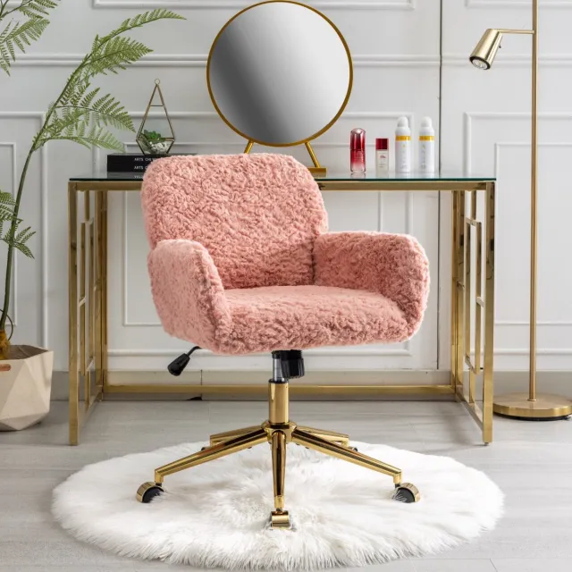Clruro Make-up Stoel - Verstelbaar - 360° Draaibaar met Gouden Onderstel - Kunstbont - Roze