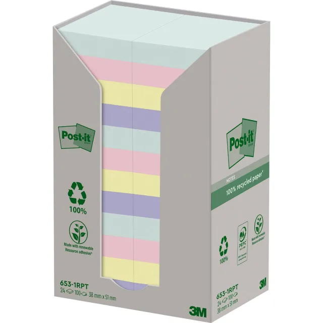 Post-it recycled notes Nature, 100 vel, ft 38 x 51 mm, pak van 24 blokken, geassorteerde kleuren blauw