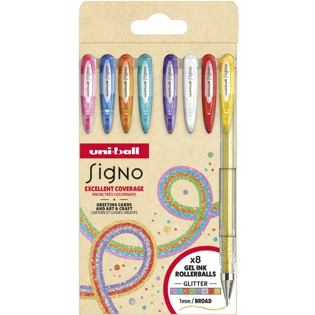 Uni-ball roller Signo Glitter, pointe large, geassorteerde kleuren, etui van 8 stuks blauw