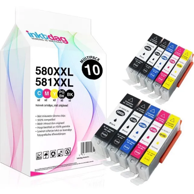 inktdag inktcartridge voor Canon PGI-580XXL / CLI-581XXL inktcartridge, Canon 580/581 inktcartridges, Canon 580/ Canon 581 multipack van 10 kleuren (2*PGBK, 2*BK/C/M/Y) 2 xFoto Zwart