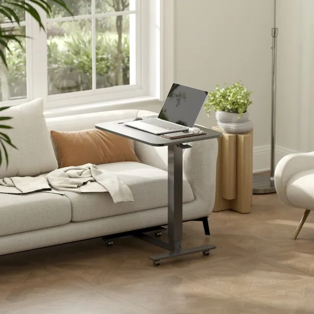 DESMIU Bureau Hoogte Verstelbaar Met 4 Wielen – 65 X 48 Cm – Hout En Staal – Zwart – Staand En Zittend Werken – C Vorm
