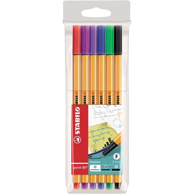 Stabilo point 88 fineliner, etui van 6 stuks in geassorteerde kleuren blauw