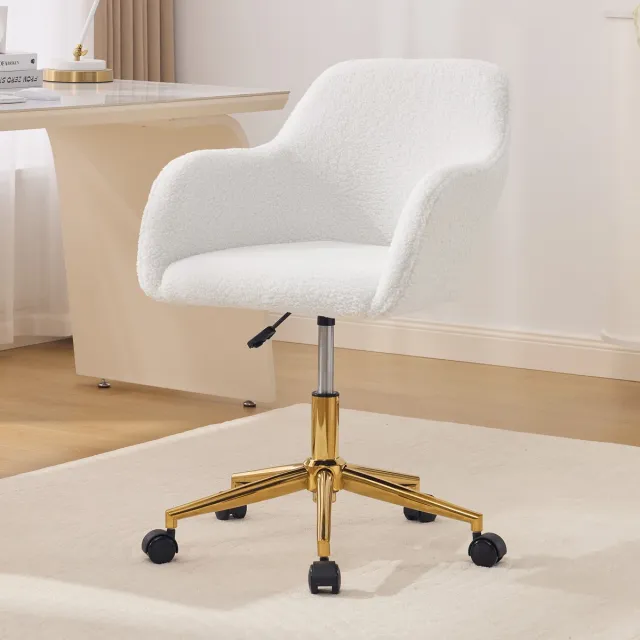 Clruro Bureaustoel - 360° Draaibaar - Hoogteverstelbaar met Gouden Poten - Teddyfleece - Wit Ivoor