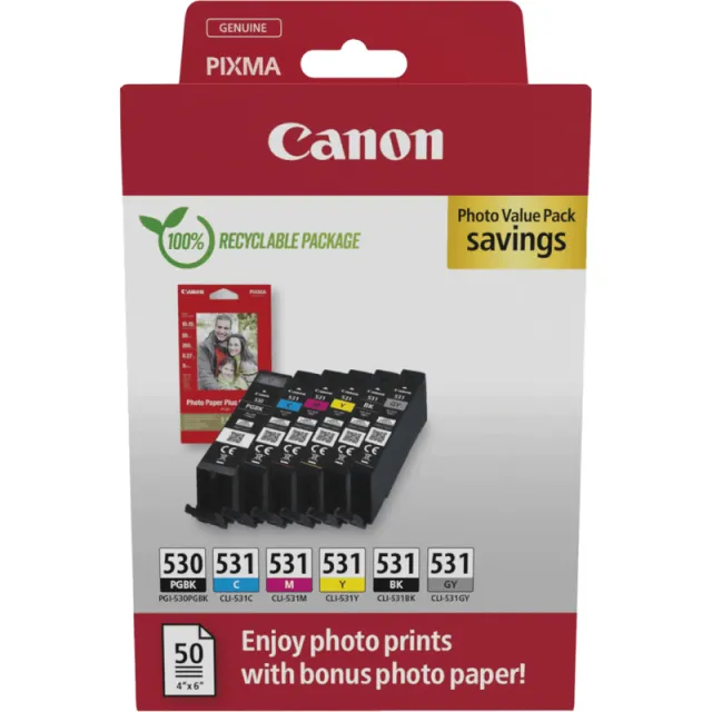 Canon PGI-530/CLI-531 Cartridges + Fotopapier bundel Black / Multicolor / Grey