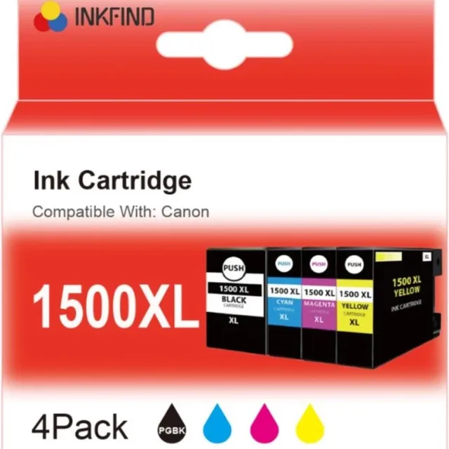 INKFIND PGI-1500XL inkt voor CanonPGI-1500XL Canon PGI-1500XL - Inktcartridge ( 1 x Zwart, 1 x Cyaan, 1 x Magenta, 1 x Geel) multipack 4 stuks geschikt voor Canon Maxify MB2050 Canon Maxify MB2150 Canon Maxify MB2350 Canon Maxify MB2750 Maxify MB2755 Zwart x 1, Cyaan x 1, Magenta x 1, Geel x 1