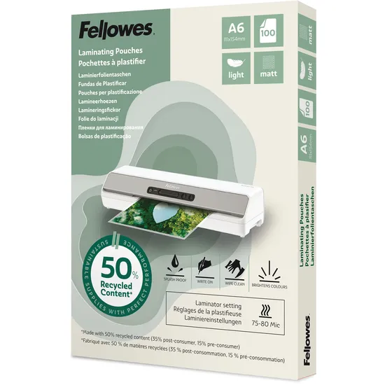 Fellowes Lamineerhoes Fellowes A6 light 50% gerecycled mat 100stuks