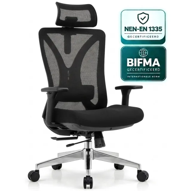 OfficeSense OS240 Ergonomische Bureaustoel - 3D Armleuningen - 2D Hoofdsteun & Lendensteun - Schuifzitting - 125° Kantelbaar - 150 kg - Zwart
