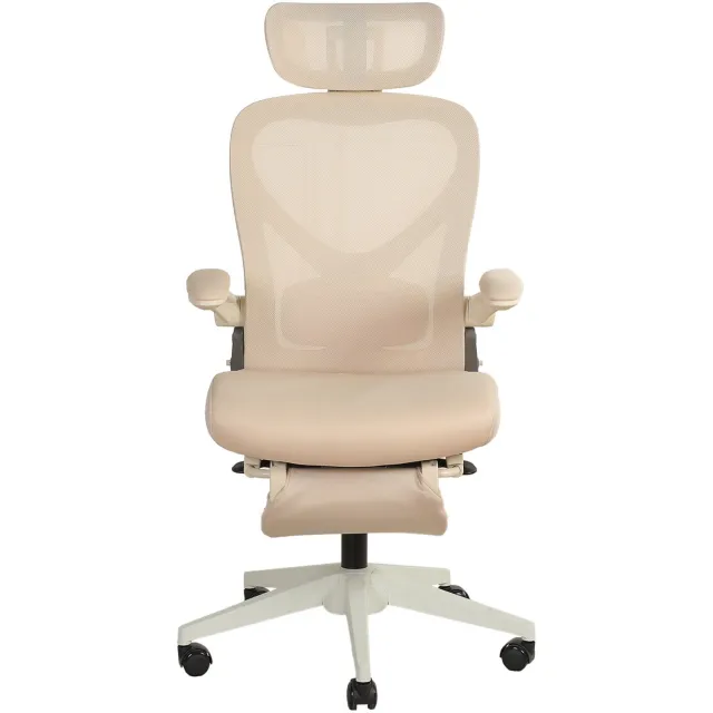 Wishdor Ergonomische bureaustoel - Opklapbare rugleuning en armleuningen - Verstelbare hoofdsteun en lendensteun - Kantelfunctie en wielen - Gaasstof en schuim - Crème - 67 x 67 x 129 cm