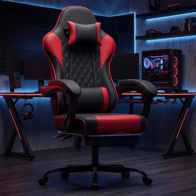 MIVRAY Gamingstoel 58,5 x 63 x 120,5 cm - Verstelbare Hoofdsteun en Voetensteun - Voor Kantoor en Spelkamer - PVC - Zwart en Rood