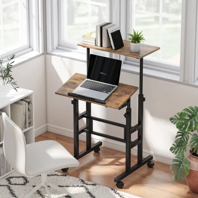 DESMIU Bureau - Hoogteverstelbaar Met Kantelbaar Werkblad En Wielen - Voor Thuiswerk En Studie - MDF En Metaal - 60x60x70,5-120 Cm - Rustiek Bruin Rustic Brown