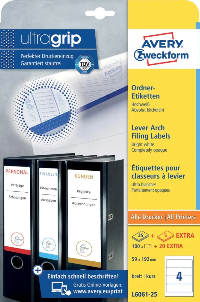 Avery Zweckform L6061-25 ordnerrugetiketten ft 19,2 x 5,9 cm (b x h), 120 etiketten, wit blauw