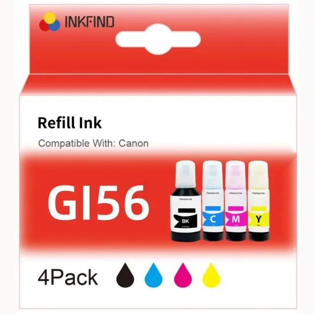 INKFIND GI56 inkt geschikt voor CanonGI56 CanonGI-56 Canon GI56 Canon GI-56 Megatank 4-kleuren multipack voor Canon MAXIFY GX6050 Canon Maxify GX7050 GX5050 GX5550 GX6050 GX3050 GX4050 GX5055 GX6055 Zwart, Cyaan, Magenta, Geel