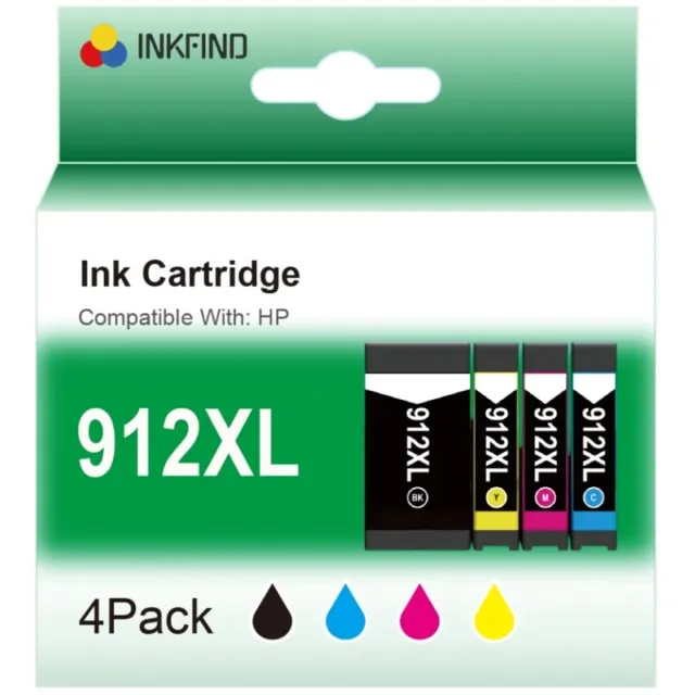 INKFIND 912XL Inktcartridge voor HP912 HP 912 HP912XL HP 912XL HP 912X HP912X 3YL84AE 3YL81AE 3YL82AE 3YL83AE inktcartridge multipack 3YP34AE 4 stuks (1 x Zwart, Cyaan, Magenta, Geel) voor HP OfficeJet Pro 8010 8012 8014 8015 8020 8022 8023 8024 8025 Zwart x 1, Cyaan x 1, Magenta x 1, Geel x 1