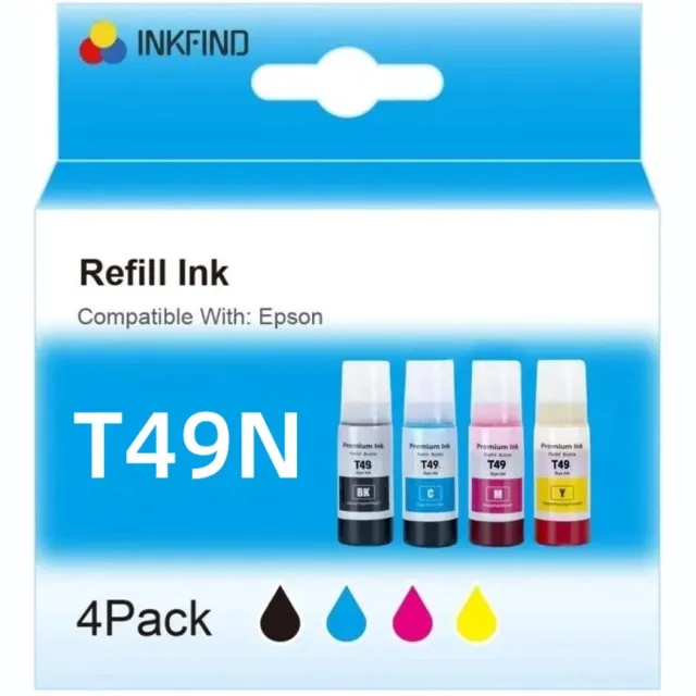 INKFIND T49N inkt Geschikt voor Epson T49N T49N100 T49N200 T49N300 SC23BK SC23C SC23M SC23Y EcoTank 4-kleuren multipack inktnavulling voor EPSON SURECOLOR F100/F500/F501/F160/F560/F561 Epson SureColor SC-F100 SureColor SC-F500 Epson SureColor SC-F501 1 x Zwart 140ml, 1 x Cyaan 140ml, 1 x Magenta 140ml, 1 x Geel 140ml