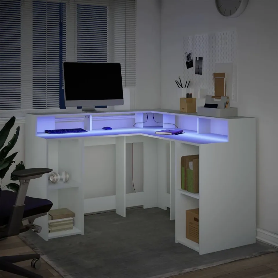 vidaXL Bureau met LED-verlichting 130x130x91 cm bewerkt hout wit, foto 4