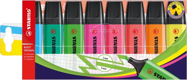 Stabilo BOSS ORIGINAL markeerstift, etui van 8 stuks, assorti blauw