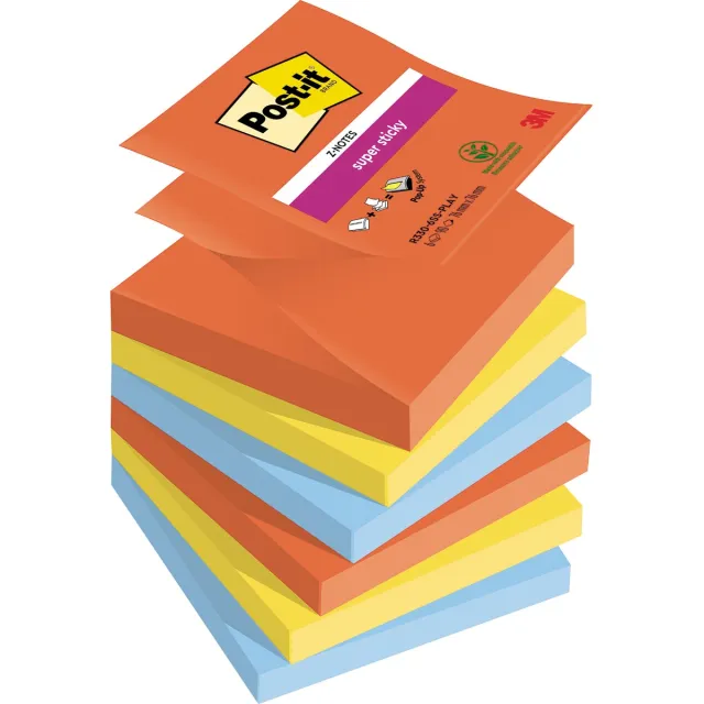 Post-it Super Sticky Z-notes Playful, 90 vel, ft 76 x 76 mm, geassorteerde kleuren, pak van 6 blokken blauw