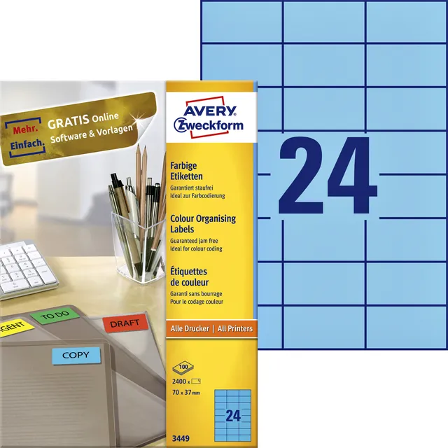 Avery Zweckform Etiket Avery 3449 70x37mm blauw 2400 stuks