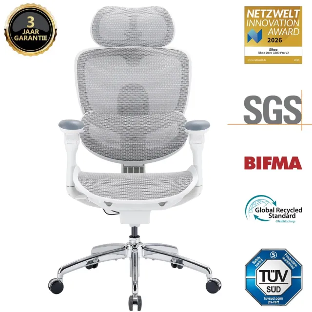 Sihoo Doro C300 Pro V2 Ergonomische bureaustoel zonder voetensteun, adaptieve ondersteuning voor het hele lichaam, 8D-armleuningen en ademend mesh, comfortabele bureaustoel met hoge rugleuning voor langdurig gebruik, 135° verstelbare rugleuning (wit) Pro V2 Wit