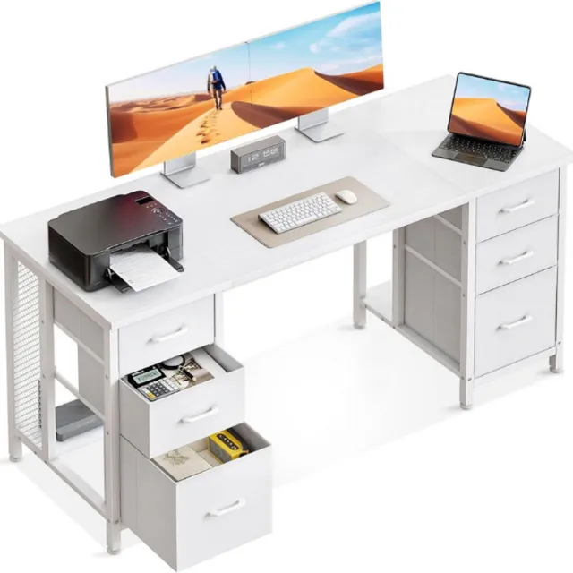 Coleshome Bureau met 6 laden, 160x52 cm Bureau met opslagruimte, Computerbureau met Planken voor Thuiskantoor, Wit