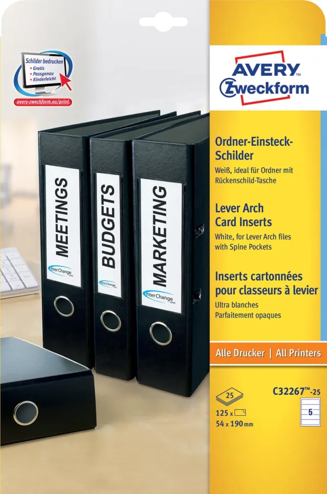 Avery Zweckform Zweck Printbare insteekkaarten voor ordnerrug ft 5,4 x 19 cm, rug van 8 cm, 125 stuks