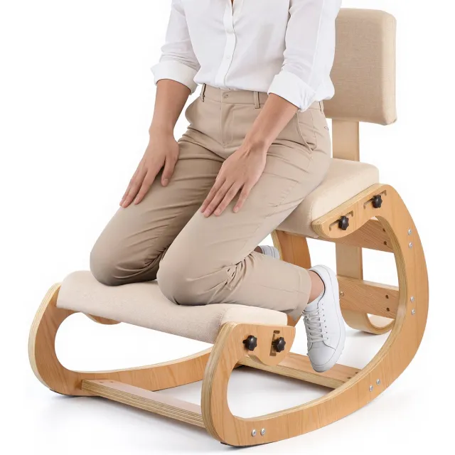 Vevor Ergonomische Knielstoel met Dikke, Geïntegreerde Schuimkussens, Houten Frame en Rugleuning, Verstelbare Knielkruk voor Nek- en Rugverlichting, Ideaal voor Thuis en Op Kantoor, Beige