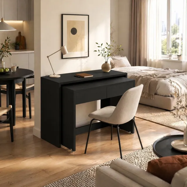 MODENUIT Bureau - Uittrekbaar 2-in-1 Met Lades En Wieltjes - Voor Thuis - Spaanplaat - Zwart - 110x40x78 Cm Black