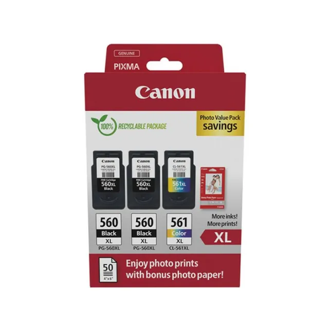 Canon PG-560 + PG-560 + PG-561 photo value pack (PG-560XL) Inktcartridge Zwart + 3 kleuren Multipack Zwart;Cyaan;Magenta;Geel