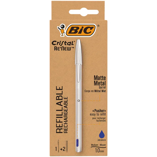 Bic Balpen Bic Cristal Re-new medium zilver + 2 vullingen blauw