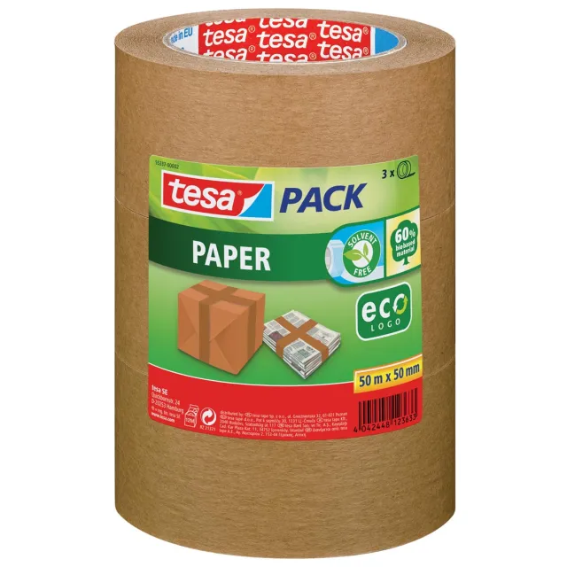 Tesa Tesapack paper ecoLogo, ft 50 mm x 50 m, bruin, pak van 3 stuks