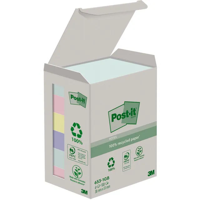 Post-it recycled notes Nature, 100 vel, ft 38 x 51 mm, pak van 6 blokken, geassorteerde kleuren blauw
