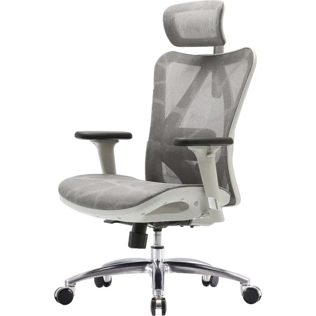 Sihoo bureaustoel bureaustoel, ergonomisch, verstelbare armleuning, 150kg belastbaar ~ grijze bekleding, wit frame