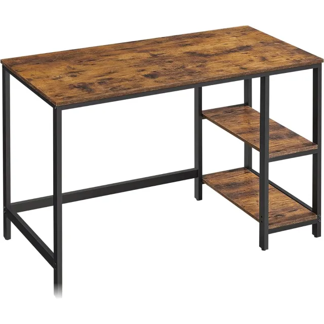 FurnStar Bureau - Computertafel - Pc-tafel - Bureautafel - Met 2 planken aan de rechter- of linkerkant - Voor kantoor - Woonkamer - Stalen frame - Industrieel design - 60D x 120B x 76H cm - Vintagebruin + Zwart vintabruin + zwart