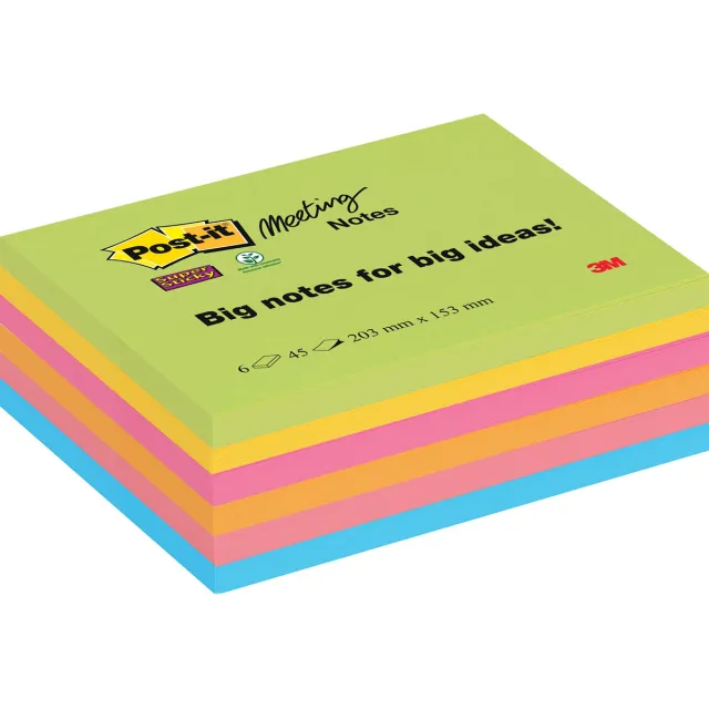 Post-it Super Sticky Meeting notes, 45 vel, ft 203 x 153 mm, geassorteerde kleuren, pak van 6 blokken blauw