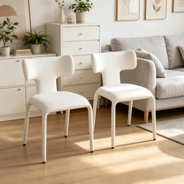 MODFU Set Van 2 Eetkamerstoelen - Gebogen Rugleuning - Linnen En Metaal - Abrikooscrème - 53x53x78 Cm