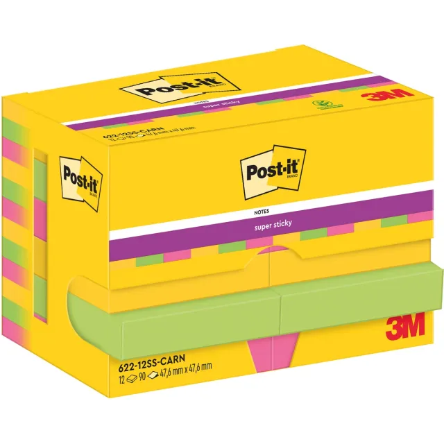 Post-it Super Sticky Notes Carnival, 90 vel, ft 47,6 x 47,6 mm, pak van 12 blokken