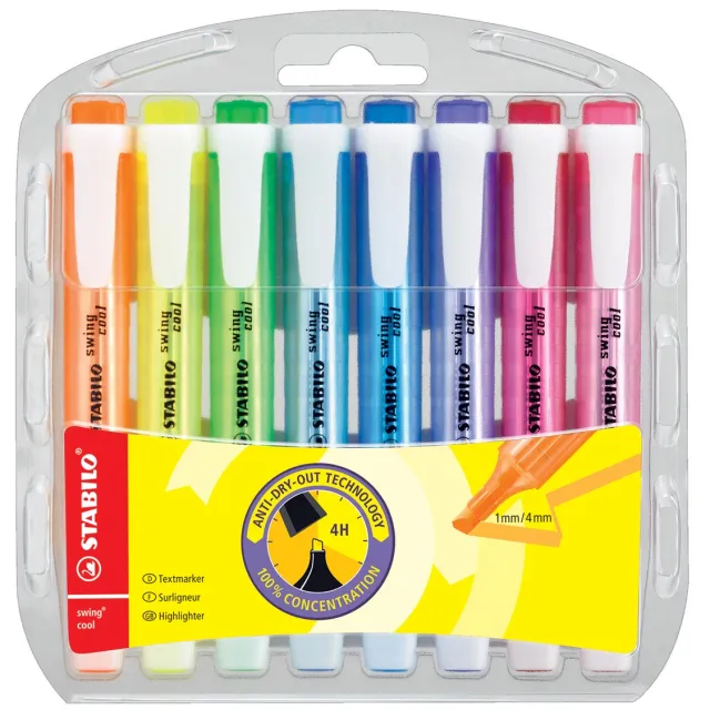 Stabilo swing cool markeerstift, blister van 8 stuks in geassorteerde kleuren blauw