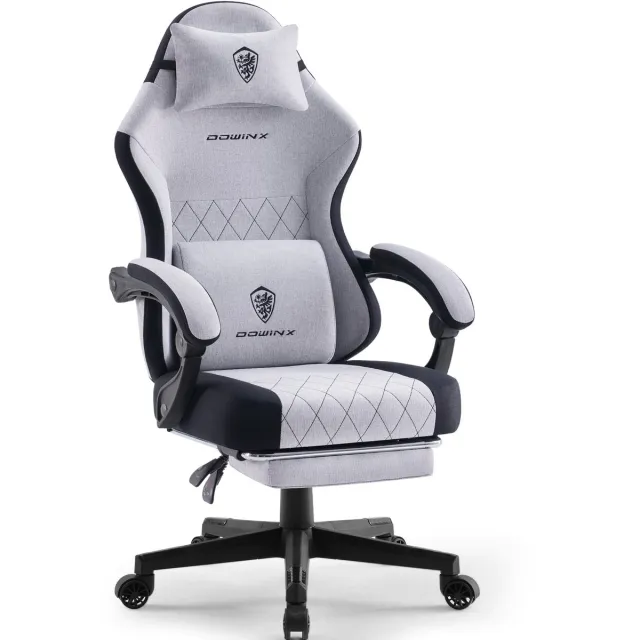 Dowinx Ergonomische Bureaustoel / Gamingstoel – Pocketveren Zitkussen – Dubbel gevoerde Rugleuning & Verstelbaar Lendenkussen – Met Armleuningen en Voetensteun – PU-leer – Grijs