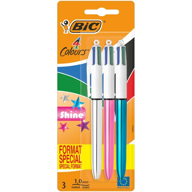 Bic Colours Shine 4-kleurenbalpen, medium, klassieke inktkleuren, blister van 3 stuks blauw