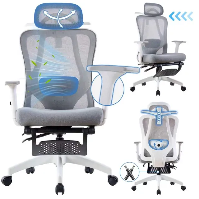 Seven Comfort Ergonomische Bureaustoel - Bureaustoel voor Volwassenen - Verstelbaar - Met lendensteun en hoofdsteun - Met voetsteun - Met Kantelmechanisme - 200kg -Grijs