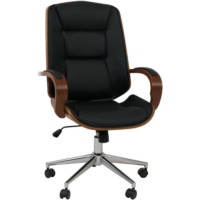 MCW Bureaustoel MCW-O83, draaistoel directiestoel, kunstleer (280 g/m²) gebogen hout MVG-gecertificeerd walnootlook ~ zwart