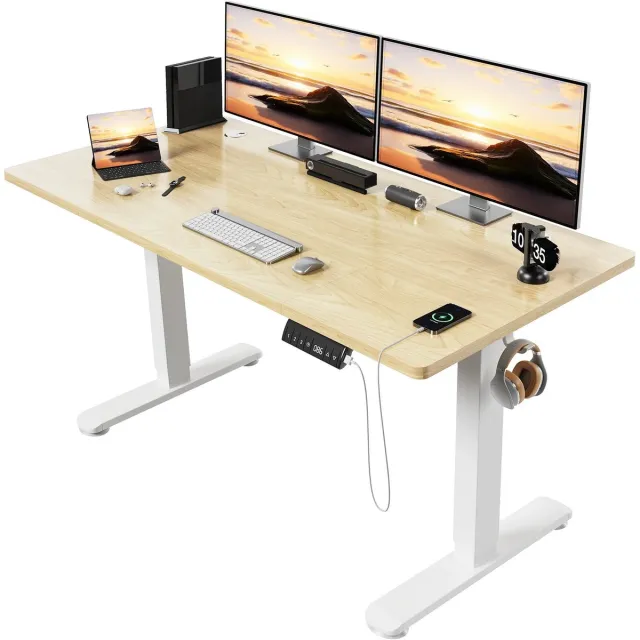 Novyro Living elektrisch bureau - zit / sta bureau - hoogte verstelbaar - met USB aansluiting - hout - 140x70 cm - kantoor bruin