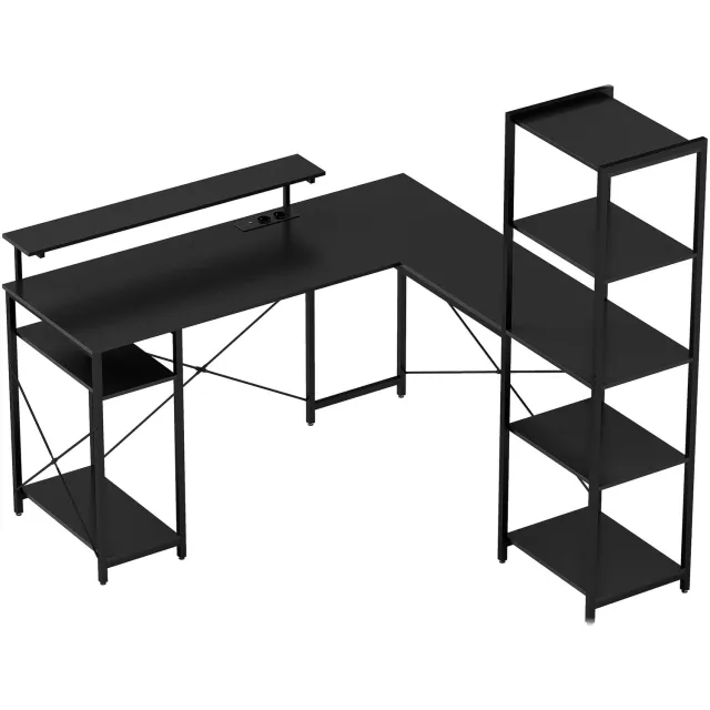 Homona L-vormig bureau - Met oplaadstation en monitorstandaard en opbergplanken - 137 x 140 x 139,5 cm - Zwart