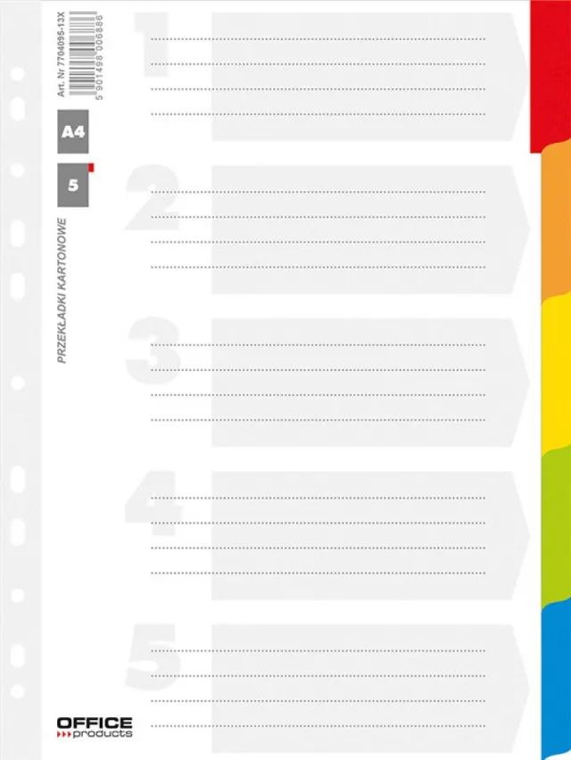 Office Products tabbladen, A4, karton, 11-gaatsperforatie, geassorteerde kleuren, 5 tabs