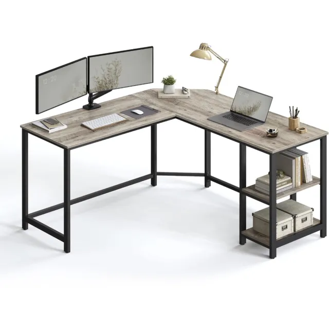 MAZAZU Bureau L-vormig - Hoekbureau met Metalen Frame - Houtlook - 138x138x75 cm - Grijs/Zwart