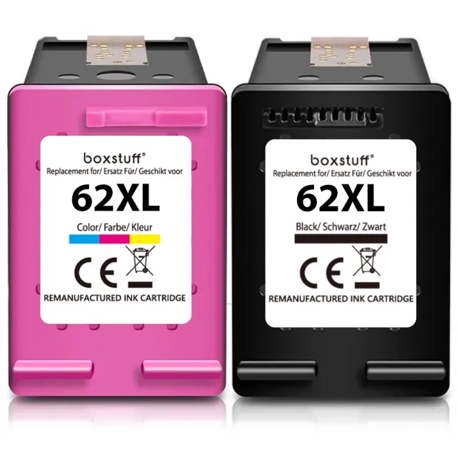 Boxstuff Inkt geschikt voor 62 XL - (C2P05AE + C2P07AE) Compatibel met HP 62 / 62XL - Inkt Cartridge 2-pack voor HP Envy 5640 / 5644 / 7640 / 7644 OfficeJet 5740 / 5742 / 200 / 250 - Pack Kleur en Zwart Zwart en Kleur