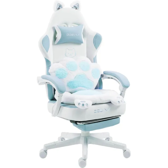 Dowinx Gaming Stoel Ergonomisch met Voetsteun – Vleugelloze Zit – Verstelbare Rugleuning – Zachte Stof – Blauw-wit – Voor Gaming, Werk en Studie – Middelgroot