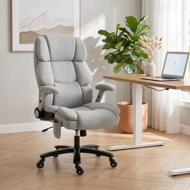REDOM Bureaustoel - Airbag-lendensteun - Hoogteverstelbare en opklapbare armleuningen - Kantelmechanisme - Metaal - Lichtgrijs - 82 x 70 x 122 cm
