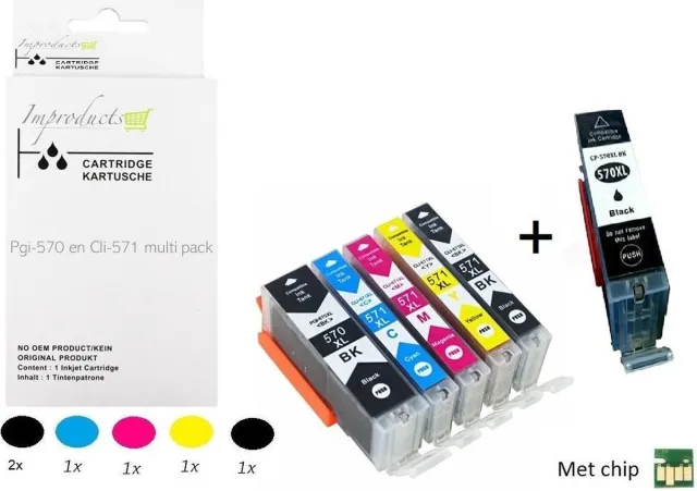 Improducts Inkt cartridges - Alternatief PGI-570 PGI570/ CLI-571 CLI571 XL Set + zwart met chip v5 Multicolor - Zwart (2x), Cyaan, Magenta, Geel + Zwart foto